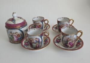 Vintage Royal Vienna Style Demitasse Set 4 Cups Saucers Sugar Bowl Porcelain